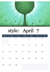 Ornate decorative green tree with butterflies and sunburst - Earth Day April calendar