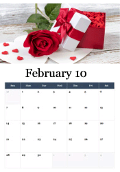 Red rose with wrapped gift box and small hearts on white background - romantic Valentine gift February calendar