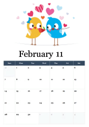 Two colorful cartoon birds sharing rose with floating hearts - sweet love birds February calendar