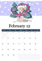 Cheerful snowman with pink scarf making heart gesture with evergreen trees - winter love February calendar
