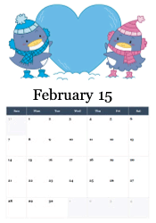 Two cartoon penguins in winter hats holding large blue heart - cute penguin love February calendar