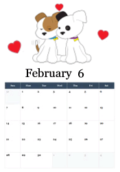 Two adorable cartoon puppies touching noses with red hearts - puppy love Valentine February calendar