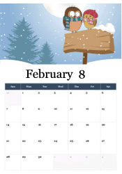 Cartoon owls in winter clothing on snowy sign with evergreen trees - cozy February calendar