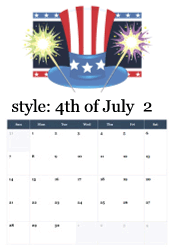 February 4th of July calendar with Uncle Sam hat and fireworks