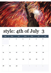 March 4th of July calendar with Statue of Liberty fireworks display
