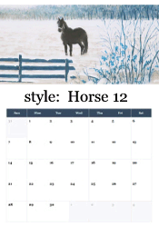 Dark horse in peaceful snowy winter landscape