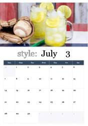 Baseball and summer lemonade July calendar