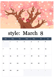Pink cherry blossom tree with birds and falling petals - beautiful spring March calendar