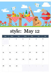 Colorful picnic table with food, guitar, and BBQ grill - outdoor celebration May calendar