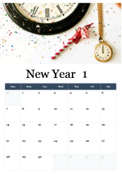 Clock striking midnight with colorful confetti and striped party horn - countdown New Year calendar