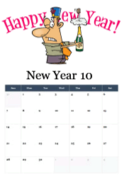 Cartoon man wearing top hat holding champagne bottle with Happy New Year text - humorous celebration calendar