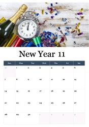 Champagne bottle with alarm clock at midnight and colorful party decorations on white wood - countdown calendar