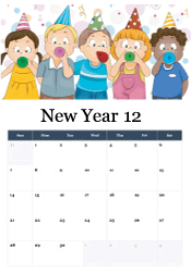 Diverse group of children with colorful party hats blowing noisemakers - kid-friendly New Year calendar