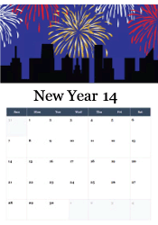 City skyline silhouette with red, yellow, and white fireworks against blue night sky - urban celebration calendar