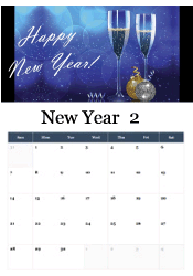 Elegant champagne glasses with golden disco ball and Happy New Year text on sparkling blue background