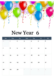 Vibrant multicolored balloons with ribbons and confetti on white background - festive party calendar