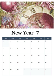 Purple ornament with clock showing midnight and silver tinsel decorations - elegant New Year calendar